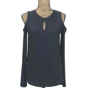 Banana Republic XS Top Navy Blue Black Satin Trim Cold Shoulder Long Sl Keyhole